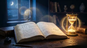Un livre ouvert sur un bureau avec un sablier doré, évoquant la signification de 15h51 sous une lumière douce.