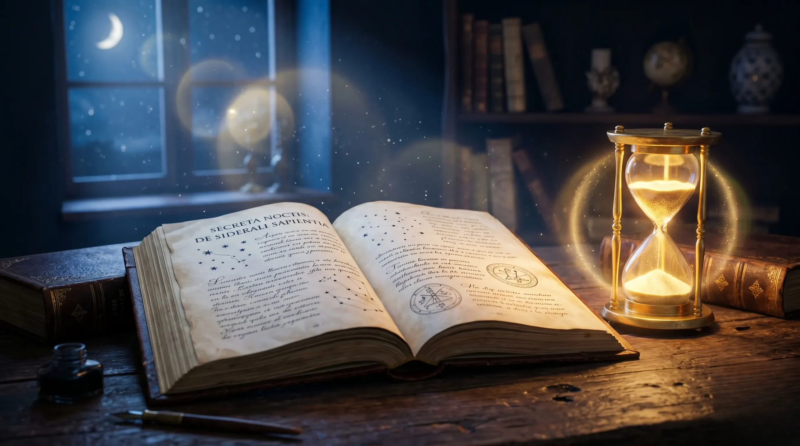 Un livre ouvert sur un bureau avec un sablier doré, évoquant la signification de 15h51 sous une lumière douce.