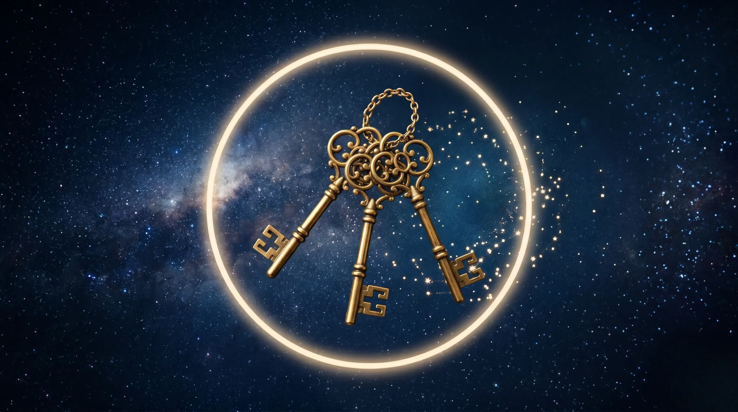Trois clés dorées flottant dans l'espace pour représenter les clés spirituelles de la signification de 20h02. 20h02 signification