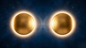 Deux cercles dorés reflétés symbolisant l'équilibre et la signification de 06h06.