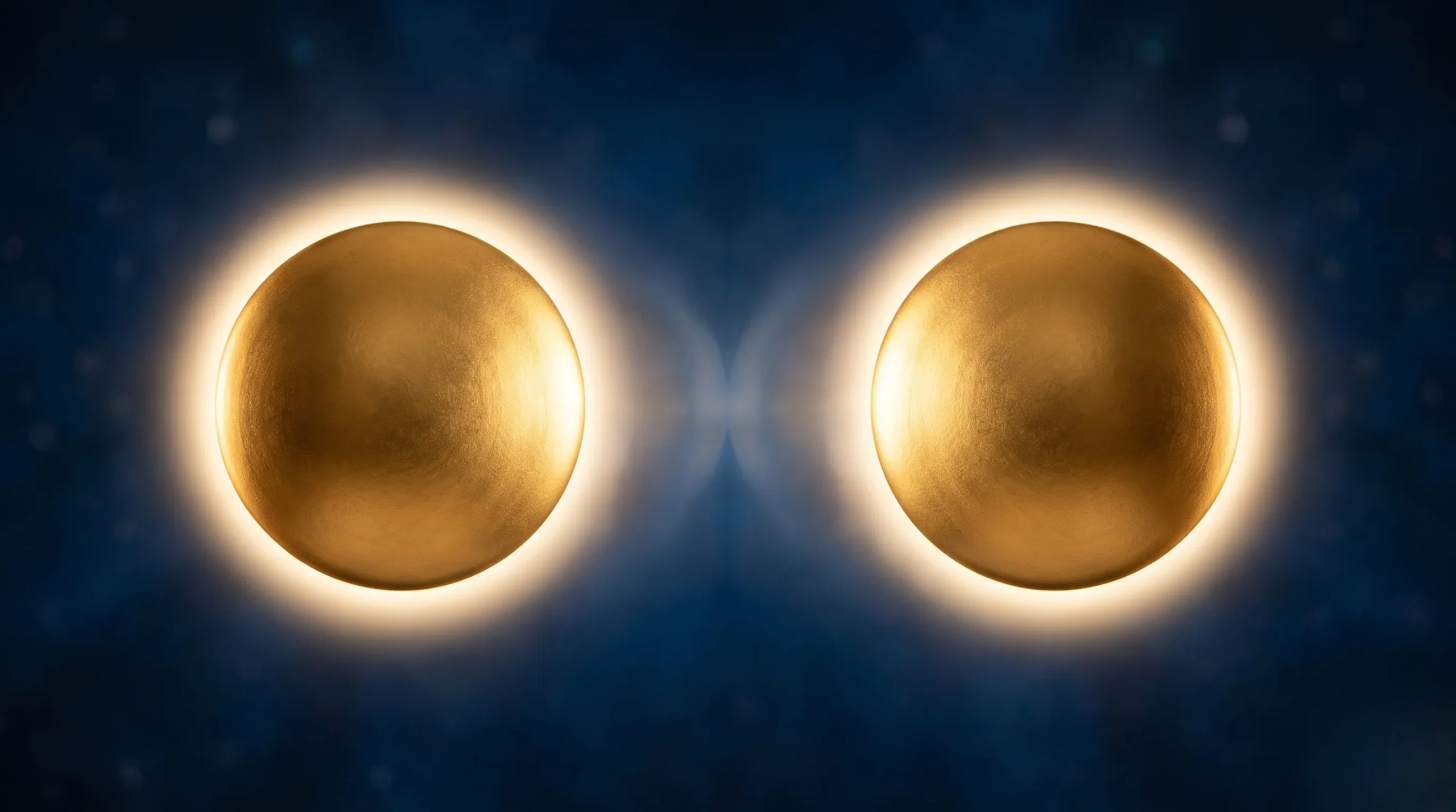 Deux cercles dorés reflétés symbolisant l'équilibre et la signification de 06h06.