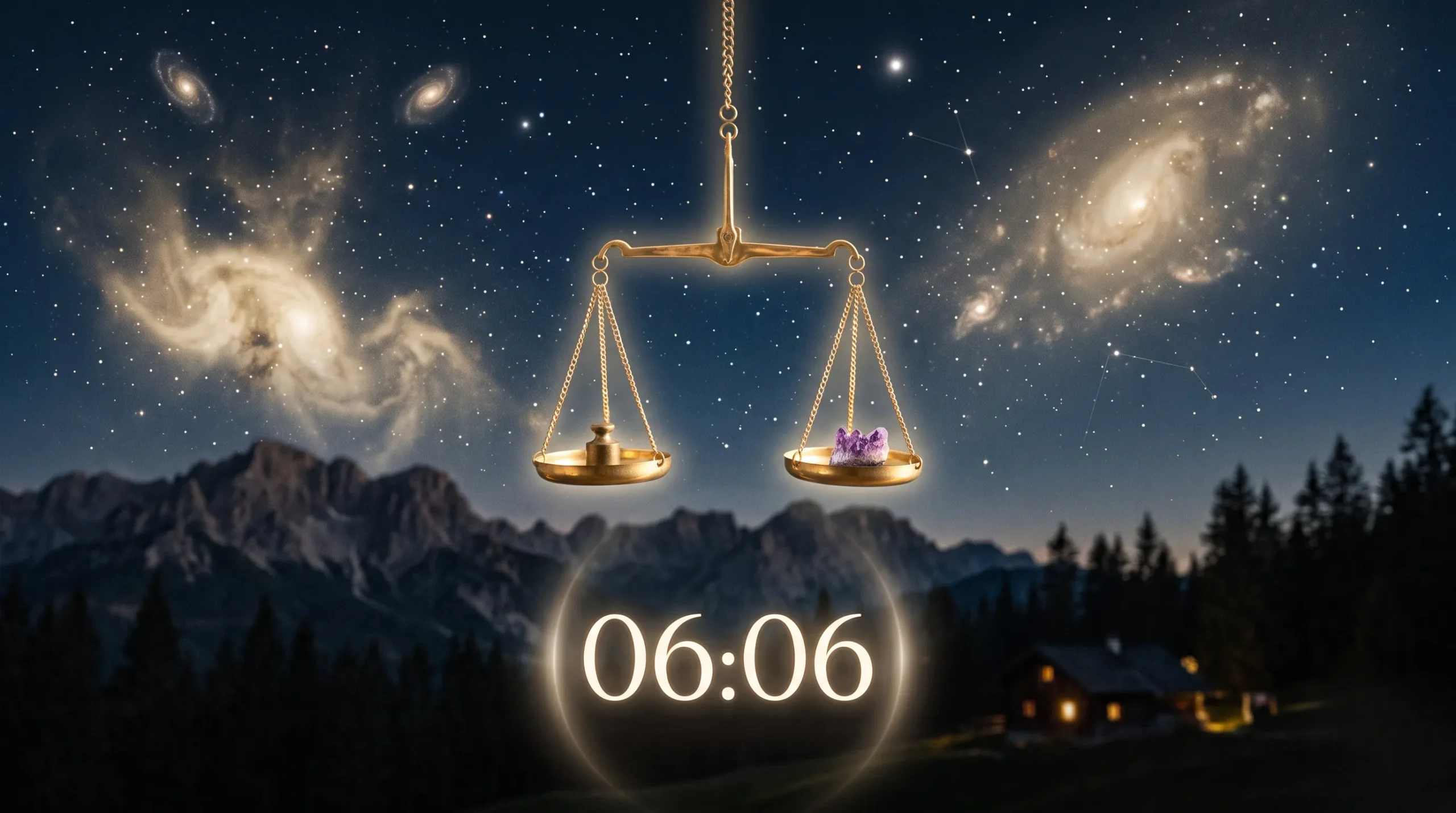 Balance dorée dans le ciel pour illustrer l'équilibre lié à l'heure miroir 06h06. 06h06 signification