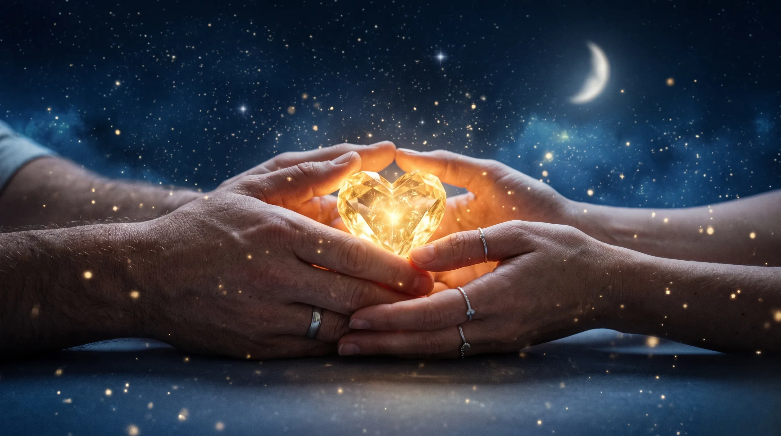 Mains tenant un cœur en cristal sous une douce lumière lunaire pour illustrer la signification du chiffre 18 en amour. 18 signification amour