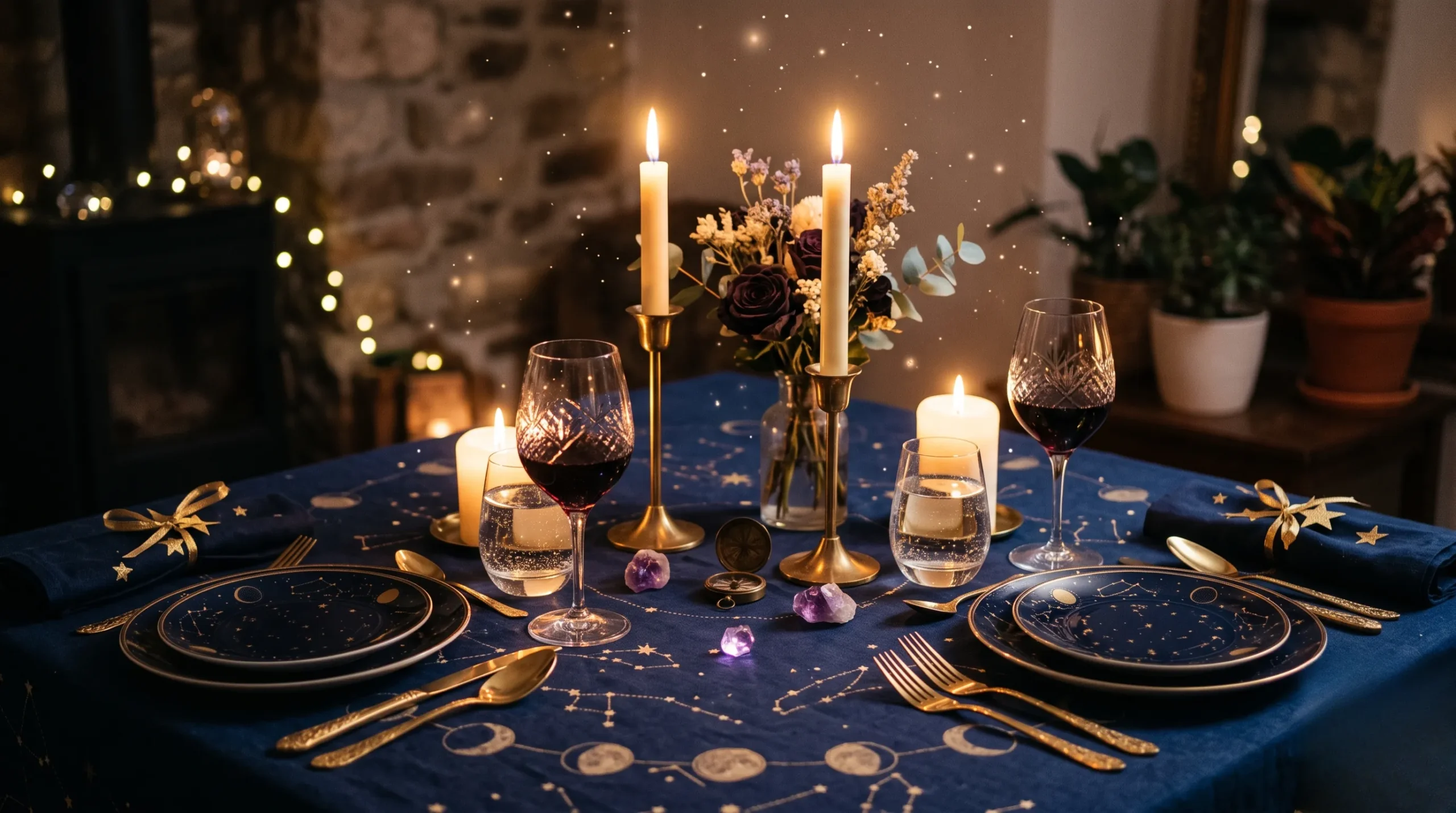 Table élégante pour deux avec une ambiance céleste pour symboliser la signification amoureuse du chiffre 23. 23 signification amour
