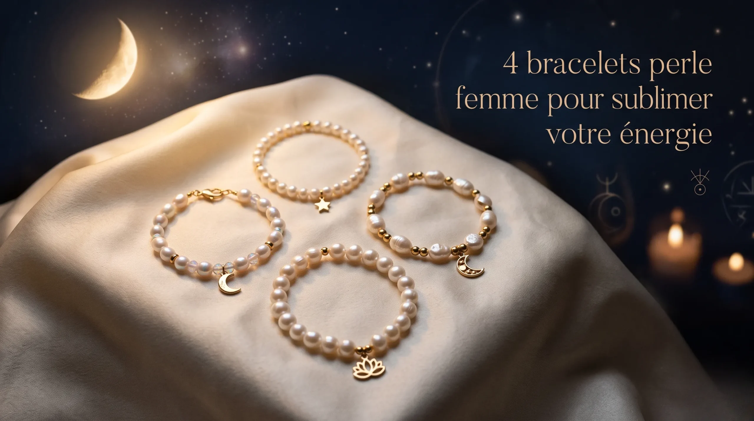 Quatre bracelets de perles disposés délicatement pour sublimer l énergie féminine