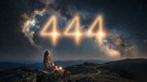 Quatre lumières dorées symbolisant le message angélique du 444 dans le ciel nocturne.