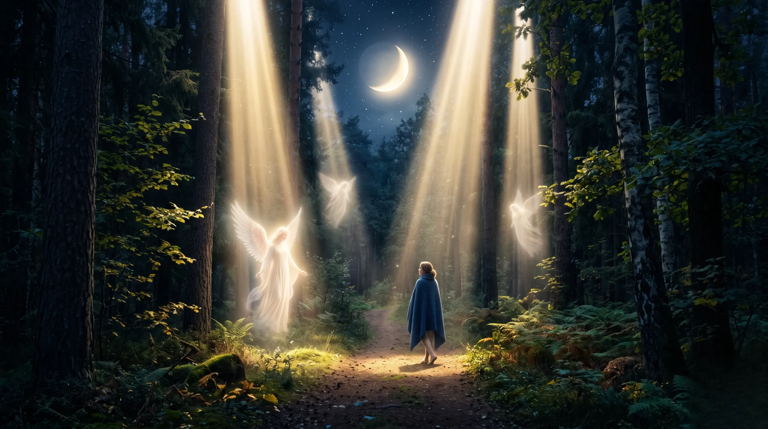Rayons de lumière dorée illuminant une forêt pour illustrer le message spirituel du chiffre 444. 444 signification