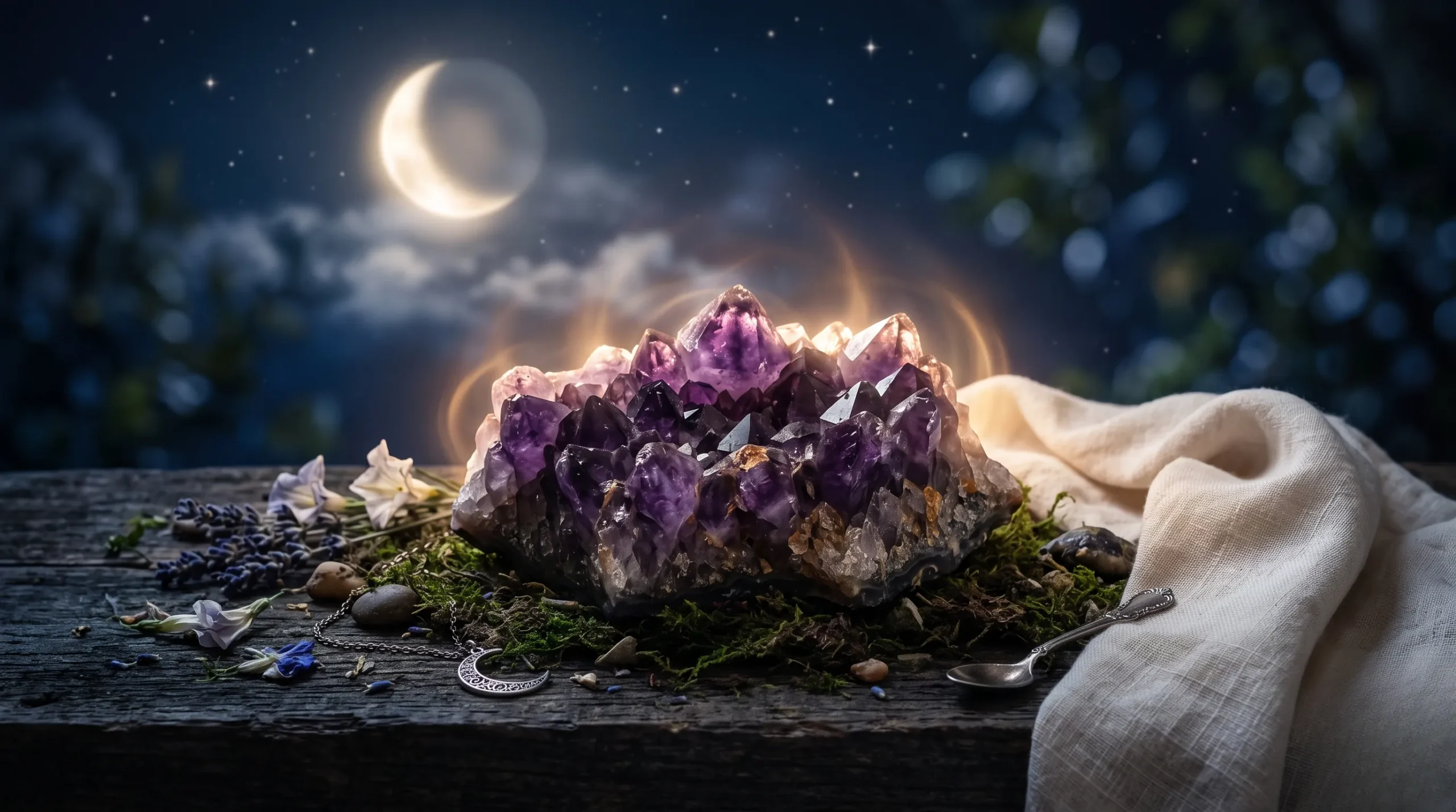 Amas d'améthyste violette illuminé par une lueur lunaire douce et mystique.