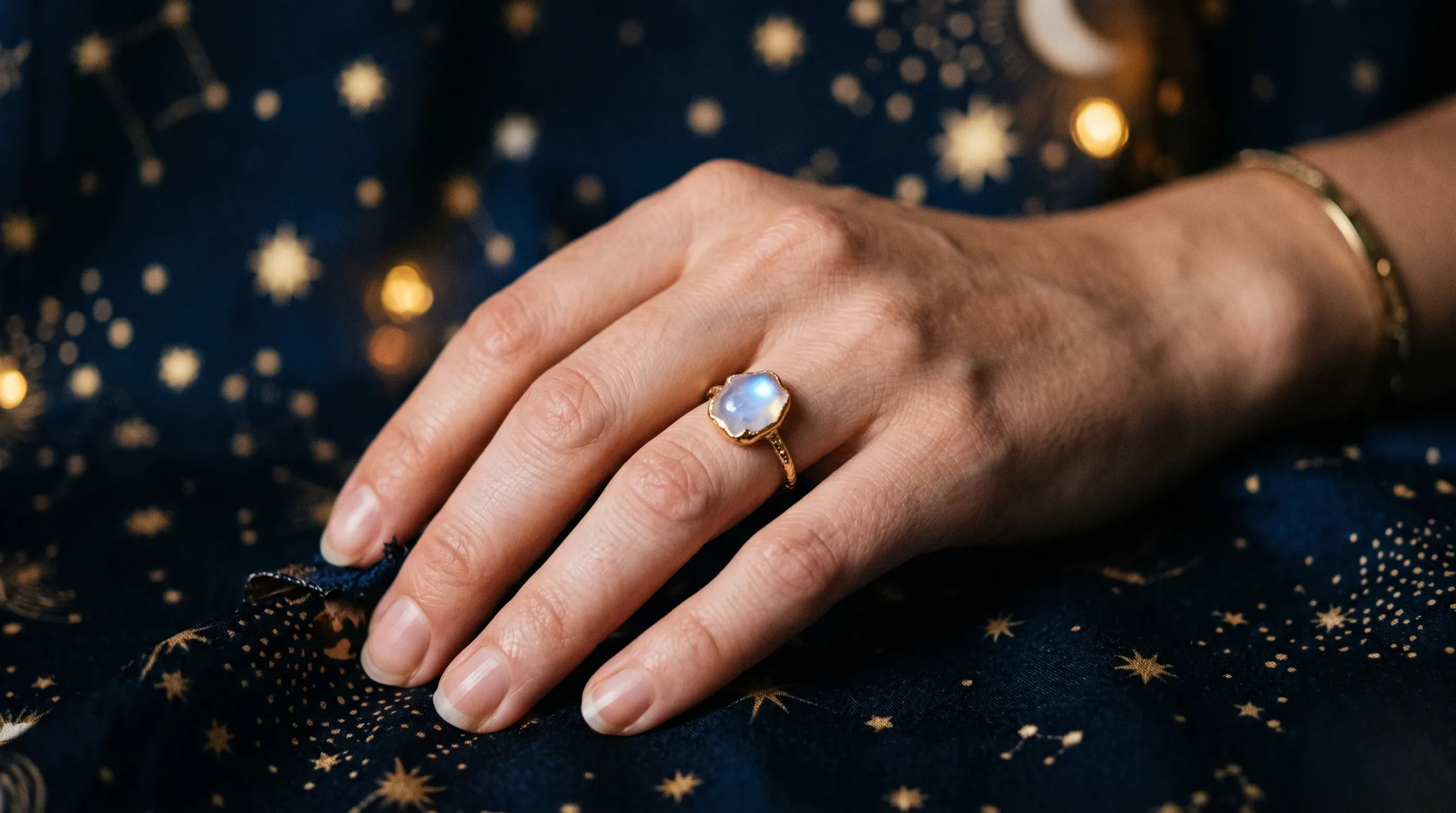 pierre de lune bague : Une main délicate portant une bague en pierre de lune sous une douce lumière céleste