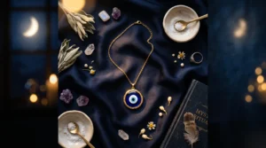 Un pendentif œil bleu protecteur reposant sur une étoffe sombre aux reflets dorés