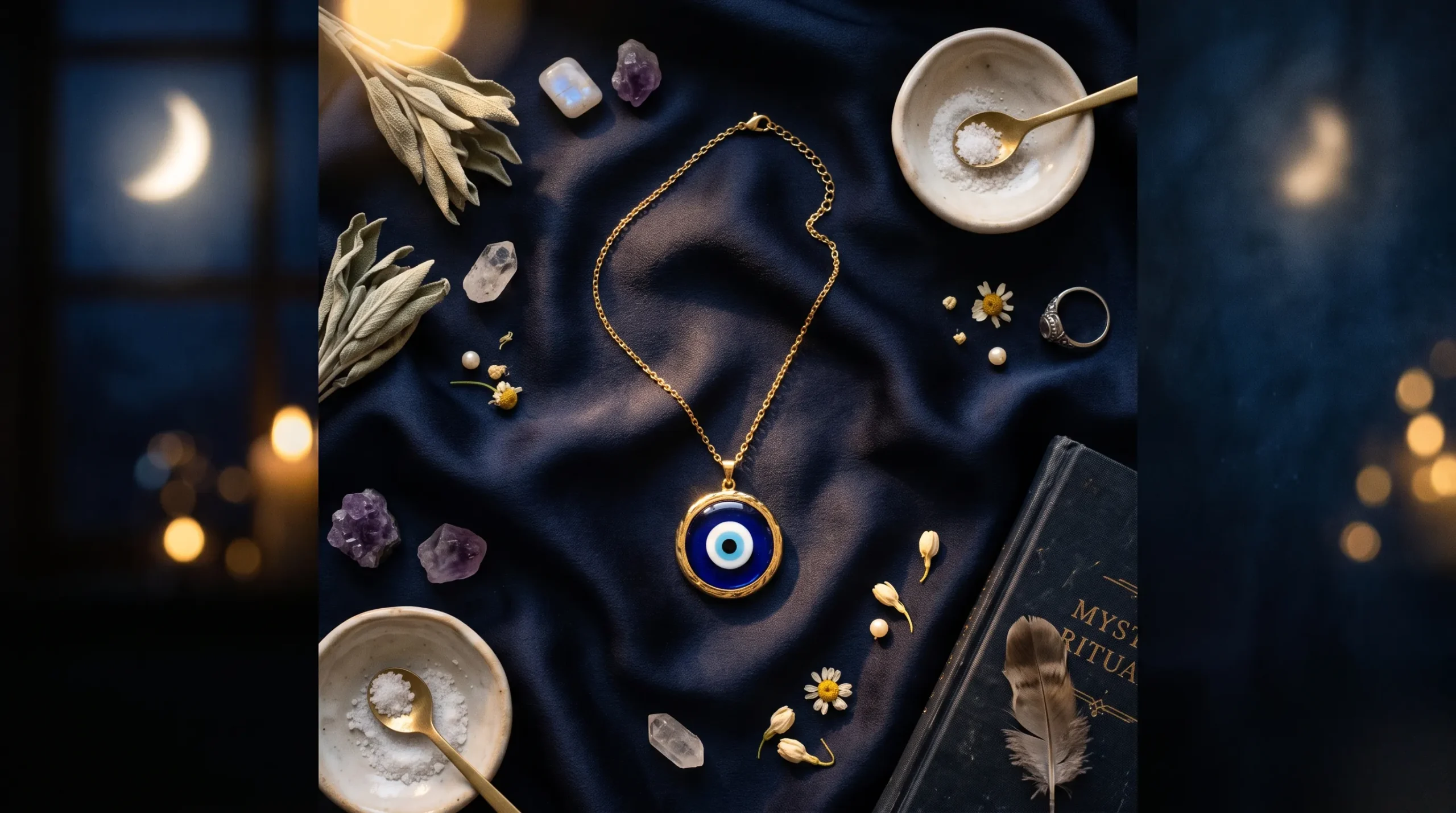 Un pendentif œil bleu protecteur reposant sur une étoffe sombre aux reflets dorés