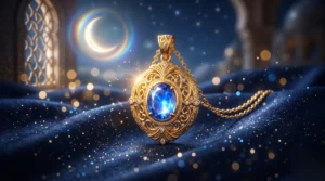 Pendentif doré orné d'une pierre naturelle étincelante sur un tissu bleu nuit sous un doux halo lunaire.