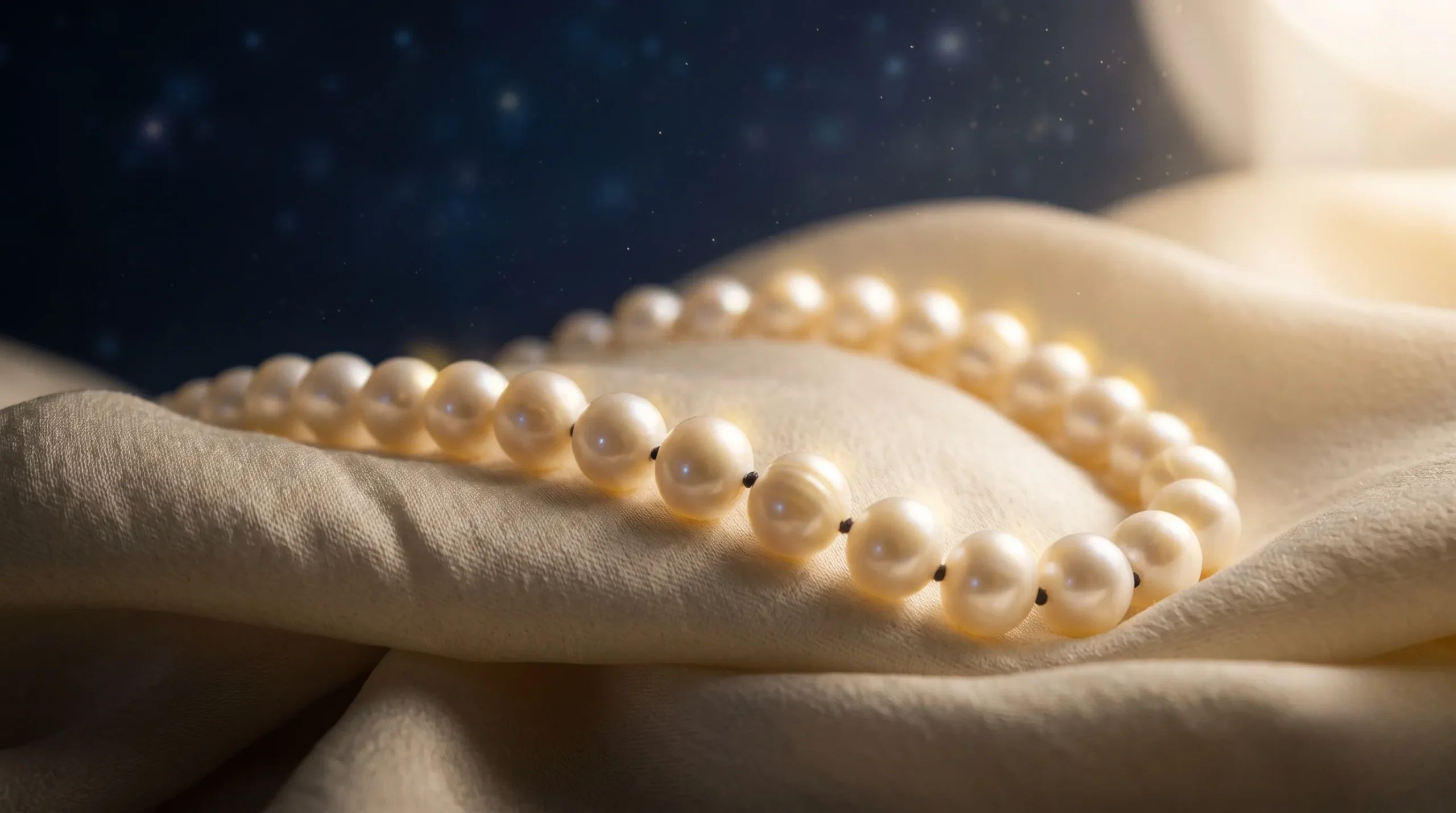 bracelets perle femme : Gros plan sur des perles nacrées qui reflètent une douce lueur dorée