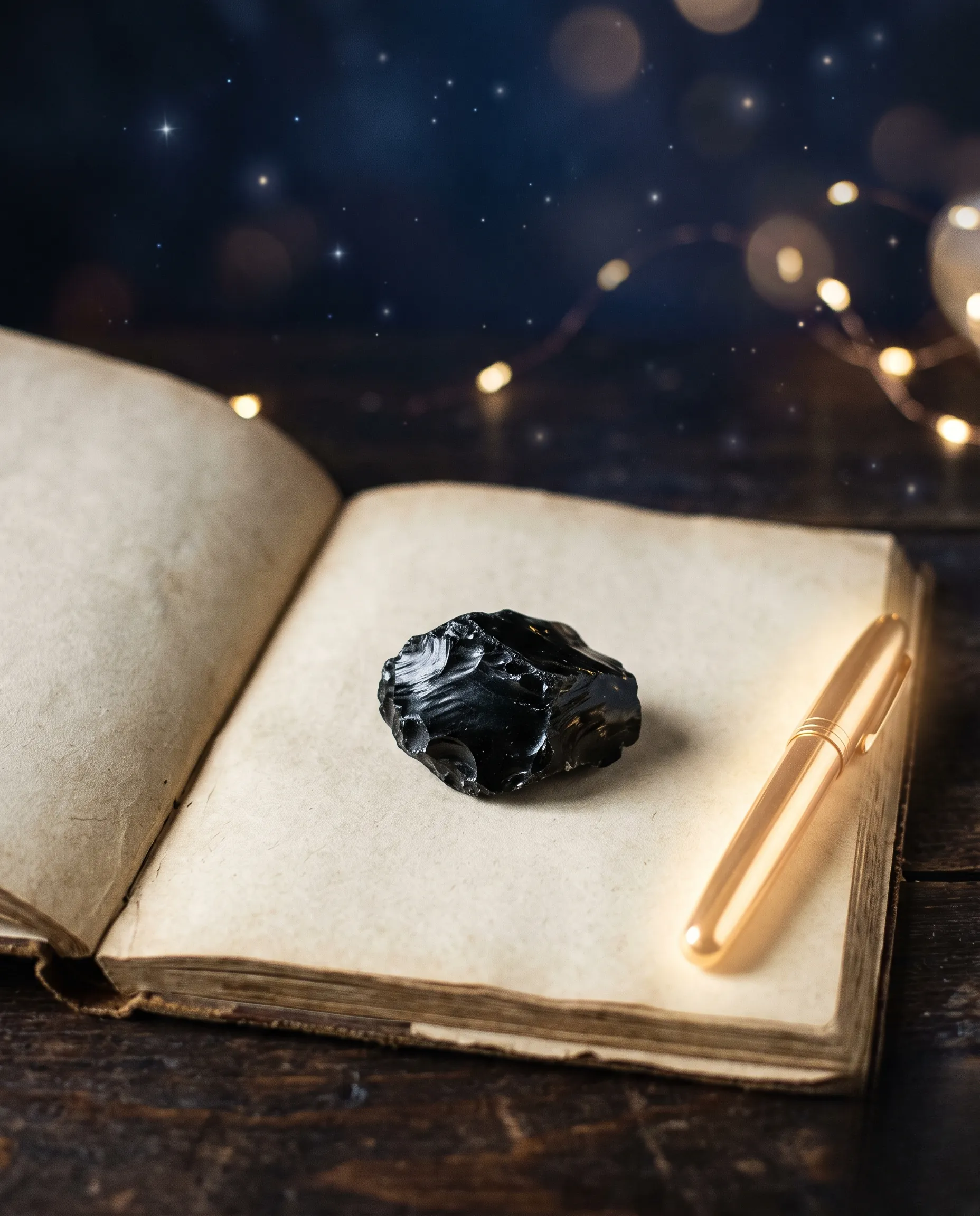 Pierre d'obsidienne noire posée sur un carnet de notes ouvert avec un stylo doré dans une ambiance mystique.