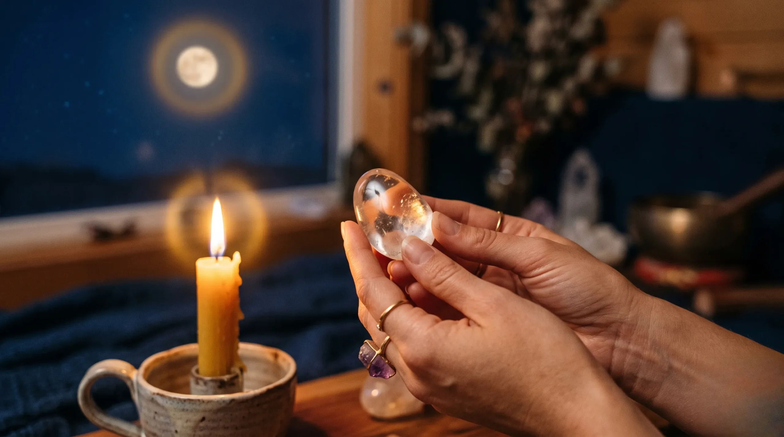 Mains tenant délicatement une pierre polie lors d'un rituel doux illuminé par la lune.