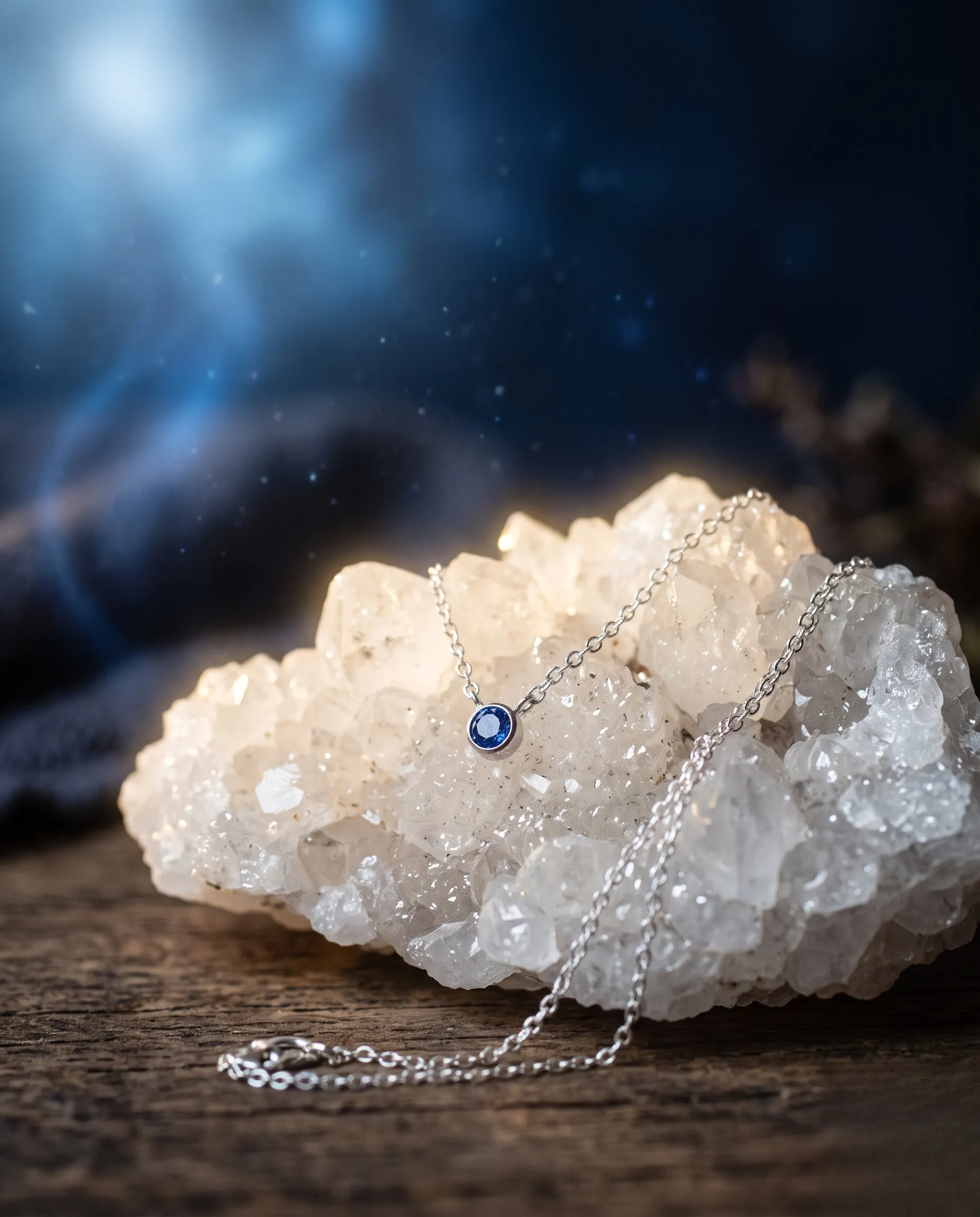 Collier en argent avec un pendentif en saphir posé sur un amas de quartz blanc.