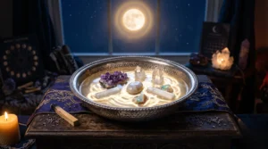 Cristaux dans un bol d'eau lunaire pour une séance de purification douce et mystique.