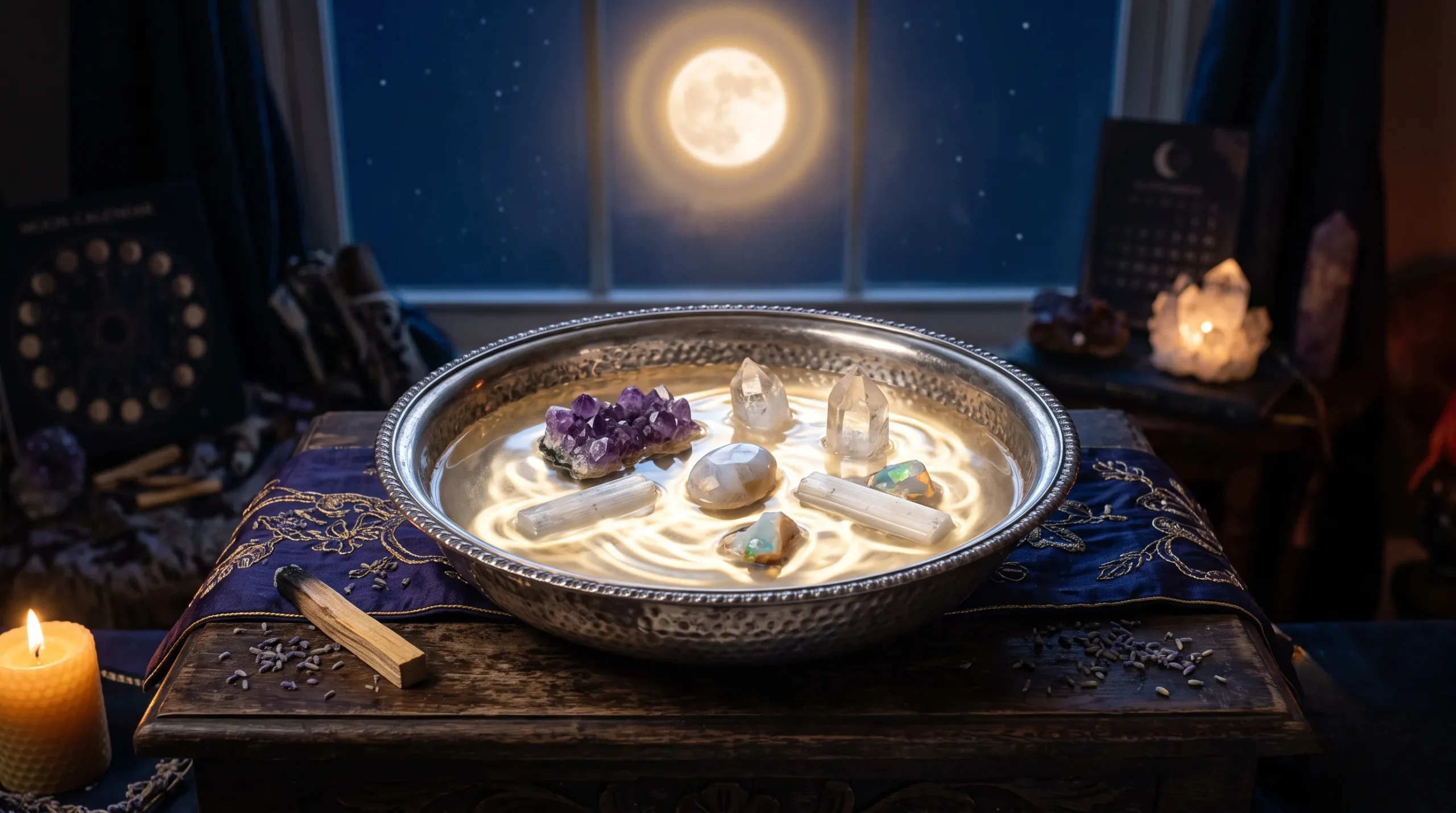 Cristaux dans un bol d'eau lunaire pour une séance de purification douce et mystique.