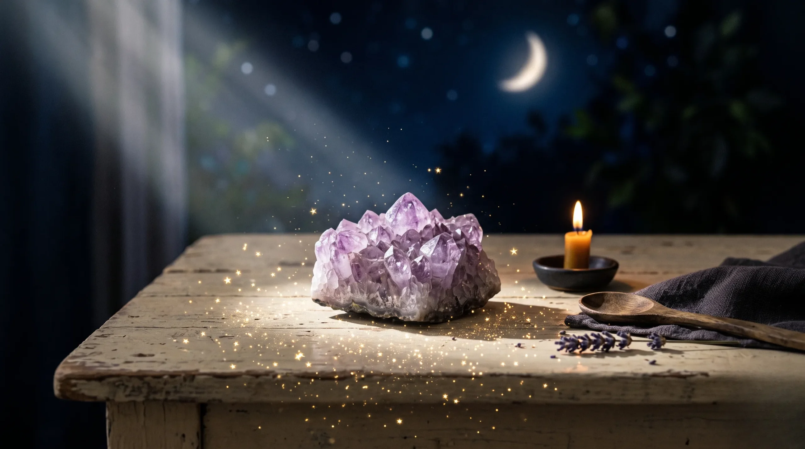 pierre violette : Un cristal violet capte un doux rayon lunaire sur une table en bois clair