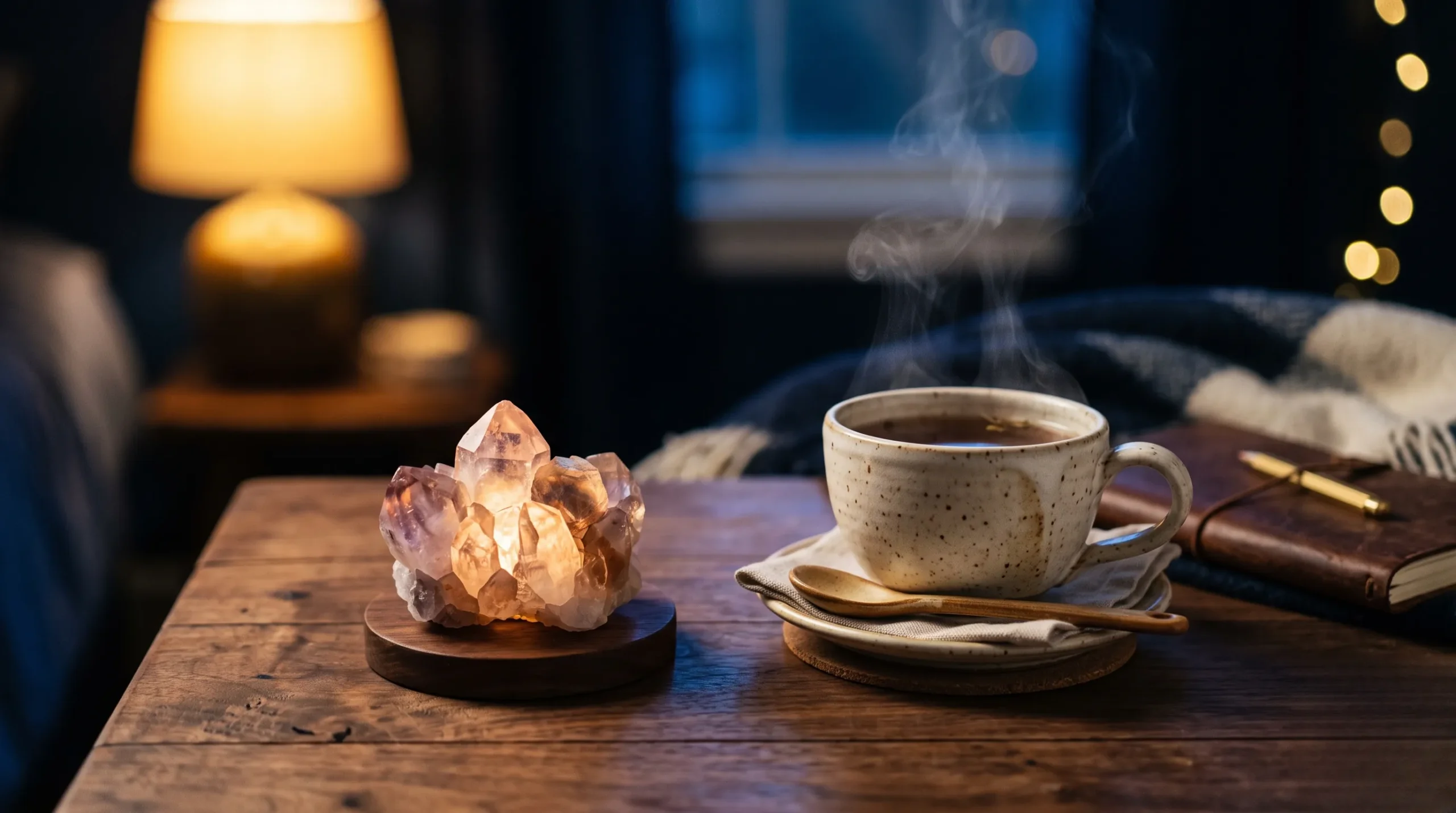 Minéral apaisant posé près d'une tasse fumante dans une atmosphère nocturne relaxante. Pierre pour le stress