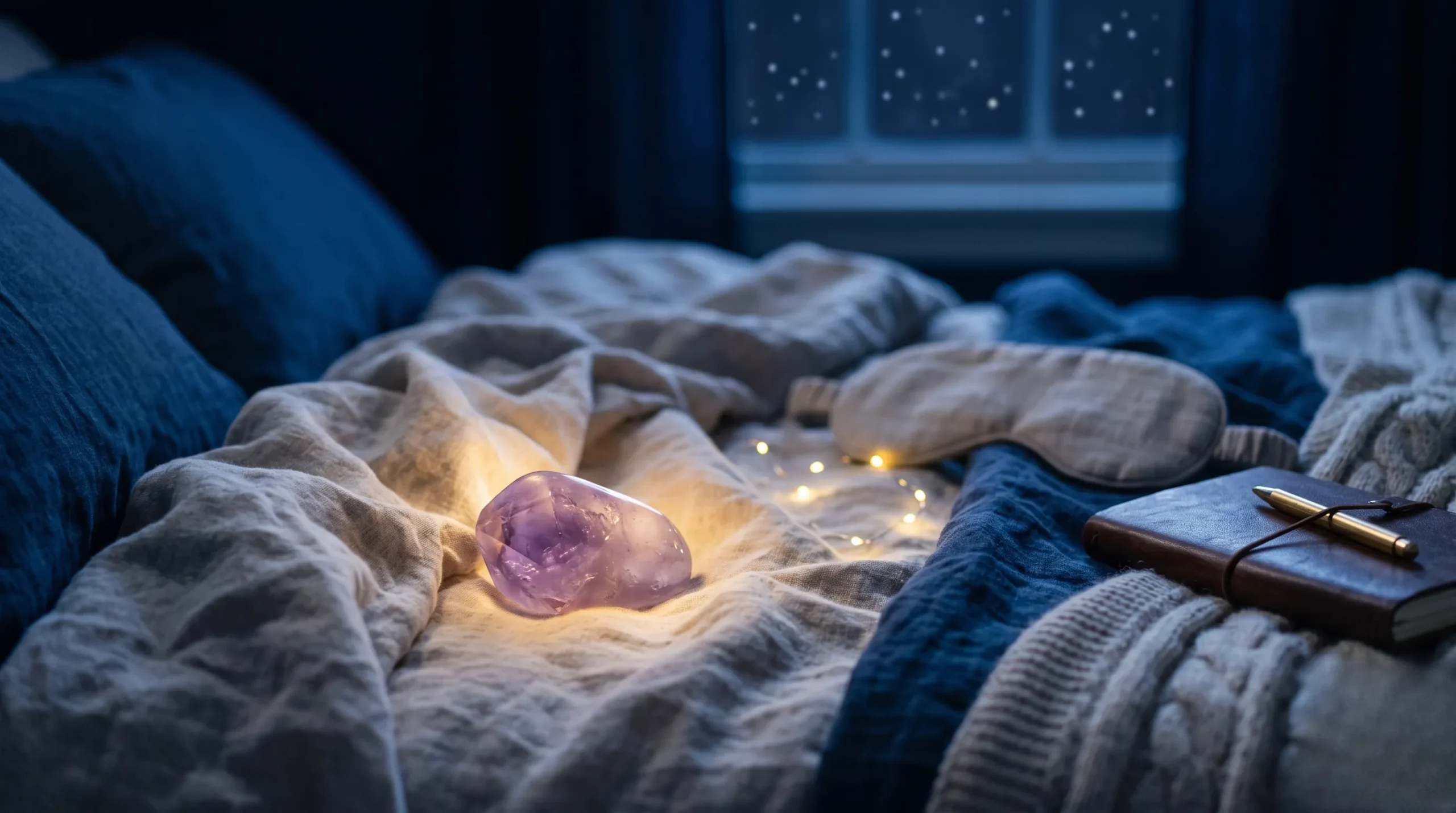 Pierre douce nichée dans des draps en lin pour des nuits paisibles et réparatrices. Quelle pierre pour dormir