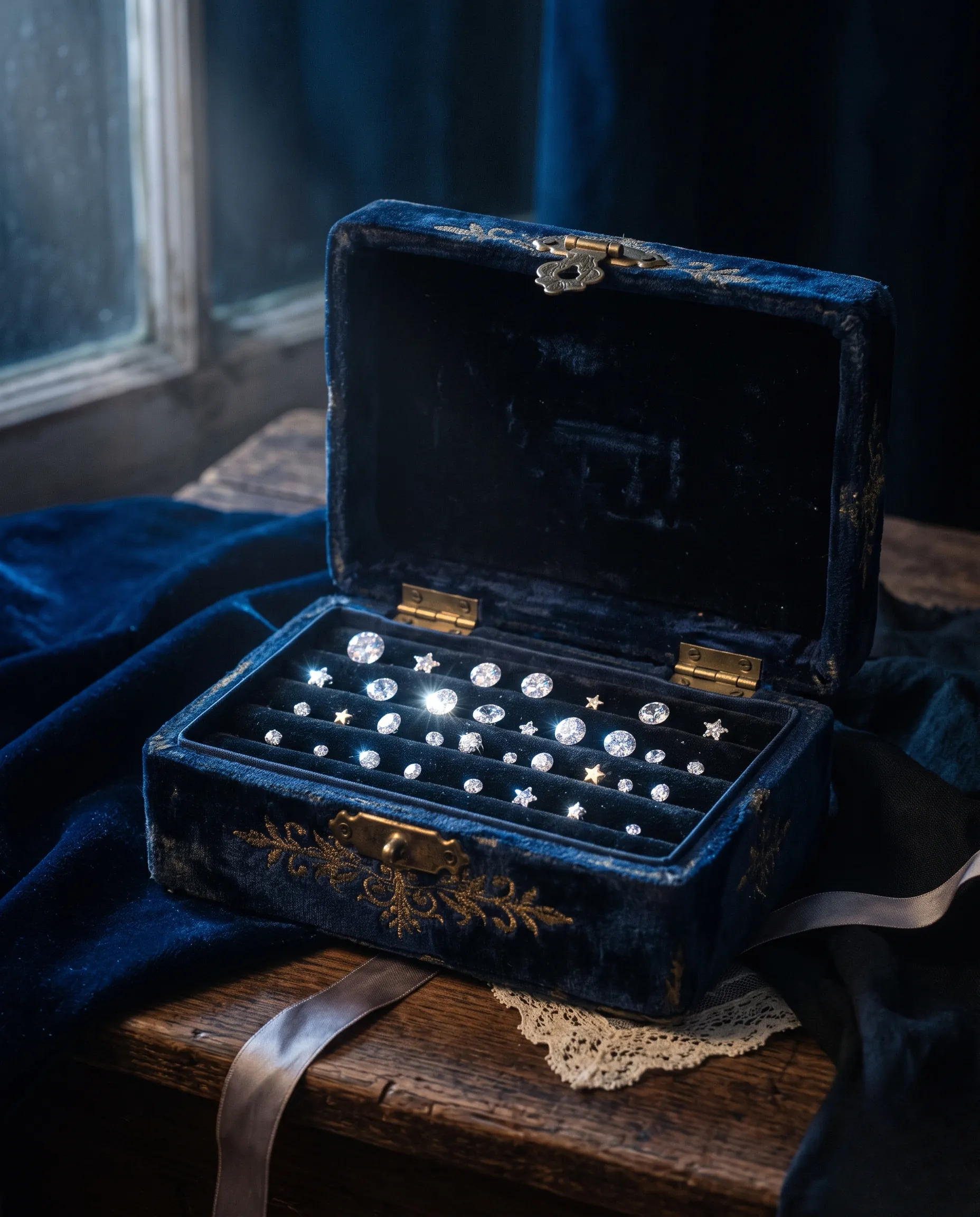 Nature morte d'un écrin en velours ancien rempli de petits joyaux dentaires brillants sous la lune.