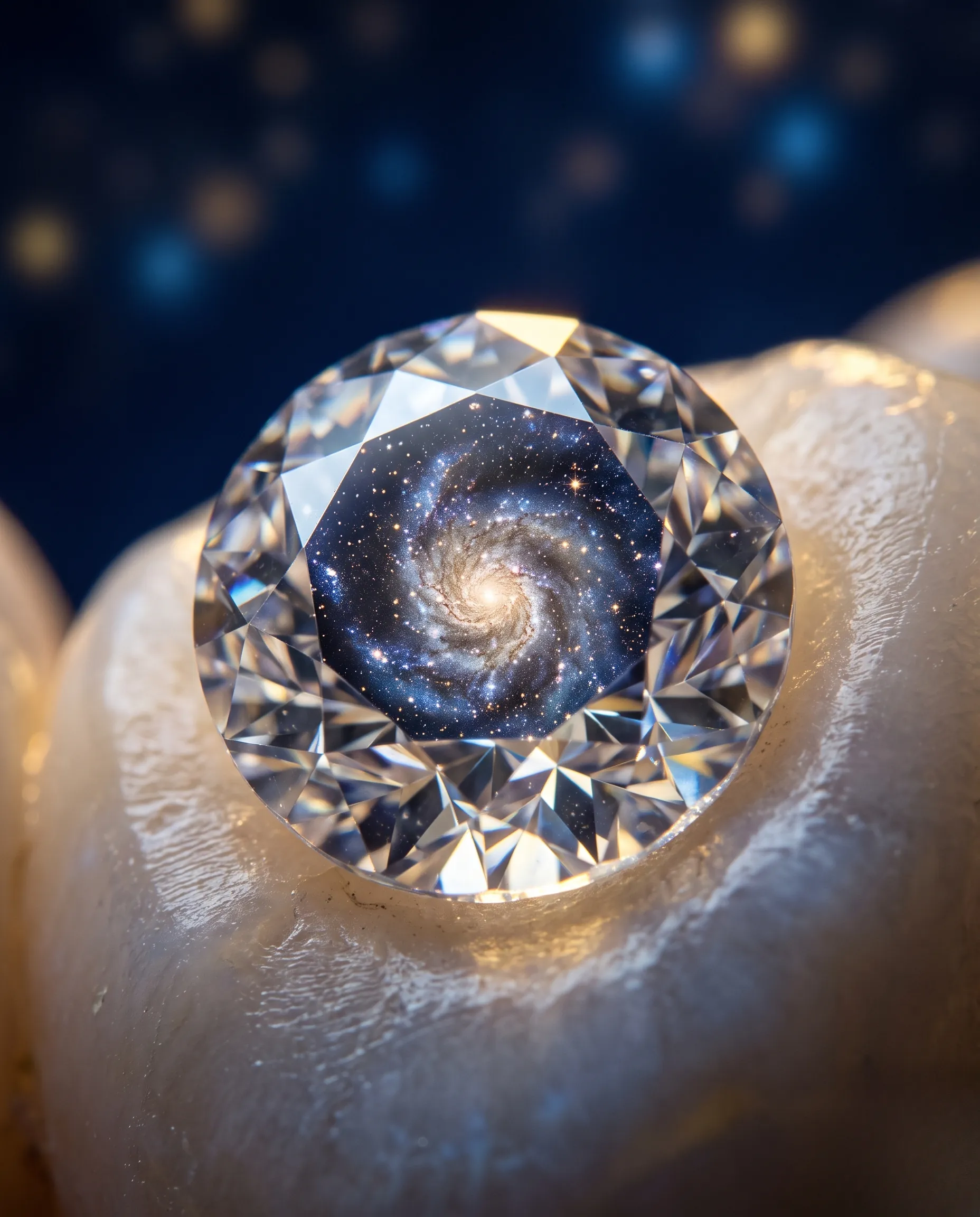 Vue large d'une coiffeuse ésotérique baignée d'une lumière lunaire douce, avec des accessoires étincelants.