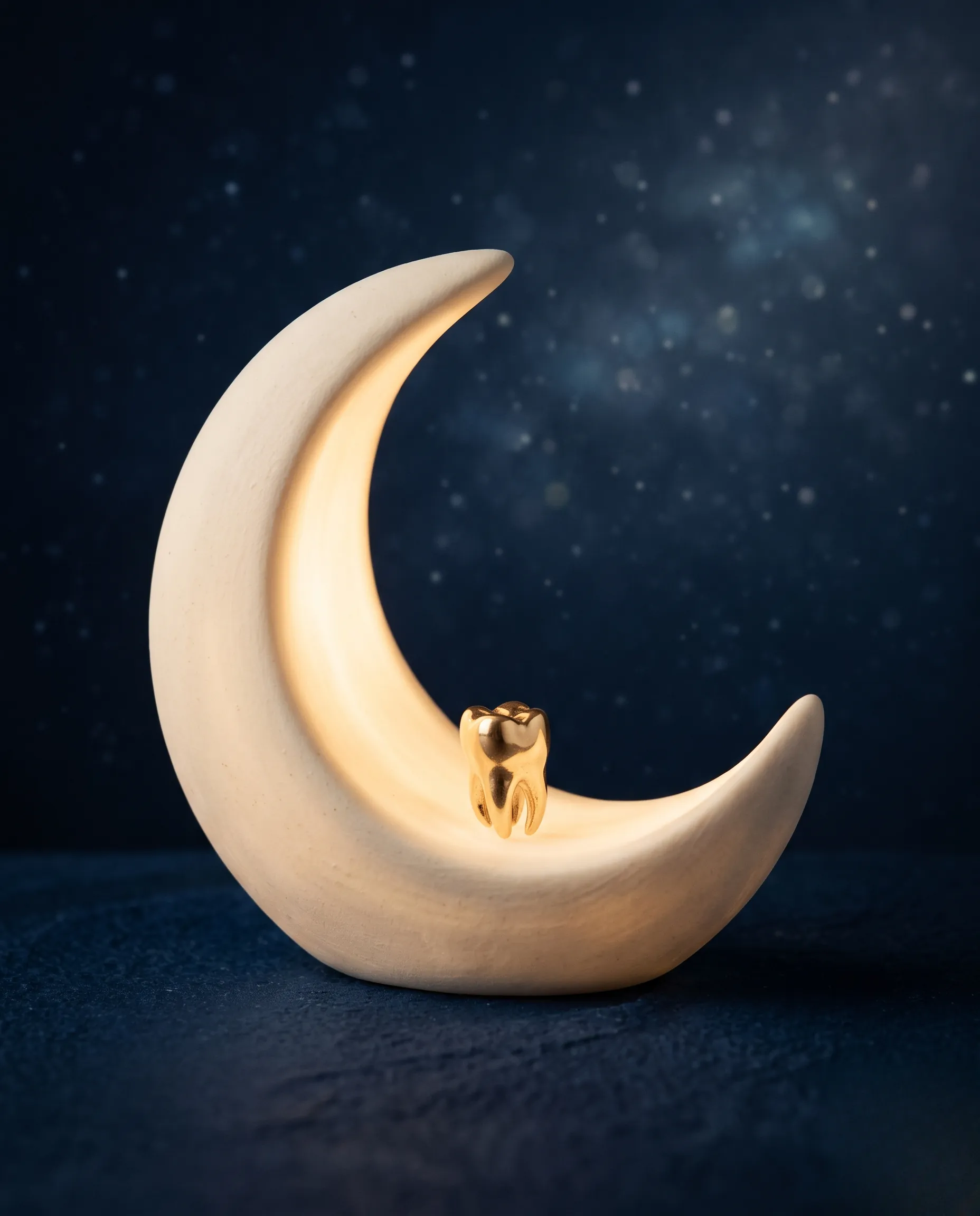 Composition minimaliste d'un bijou dentaire doré posé au cœur d'une sculpture de croissant de lune lumineux.