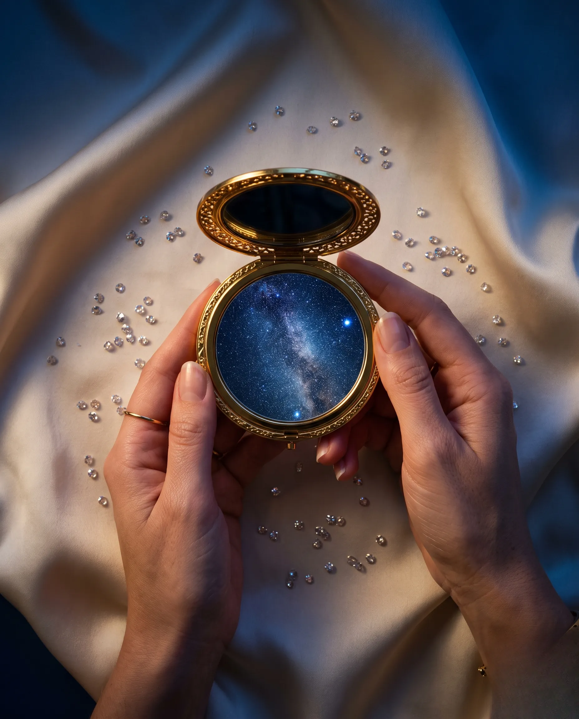Macro extrême d'un éclat de diamant dentaire capturant des reflets stellaires dans une ambiance douce et mystique.