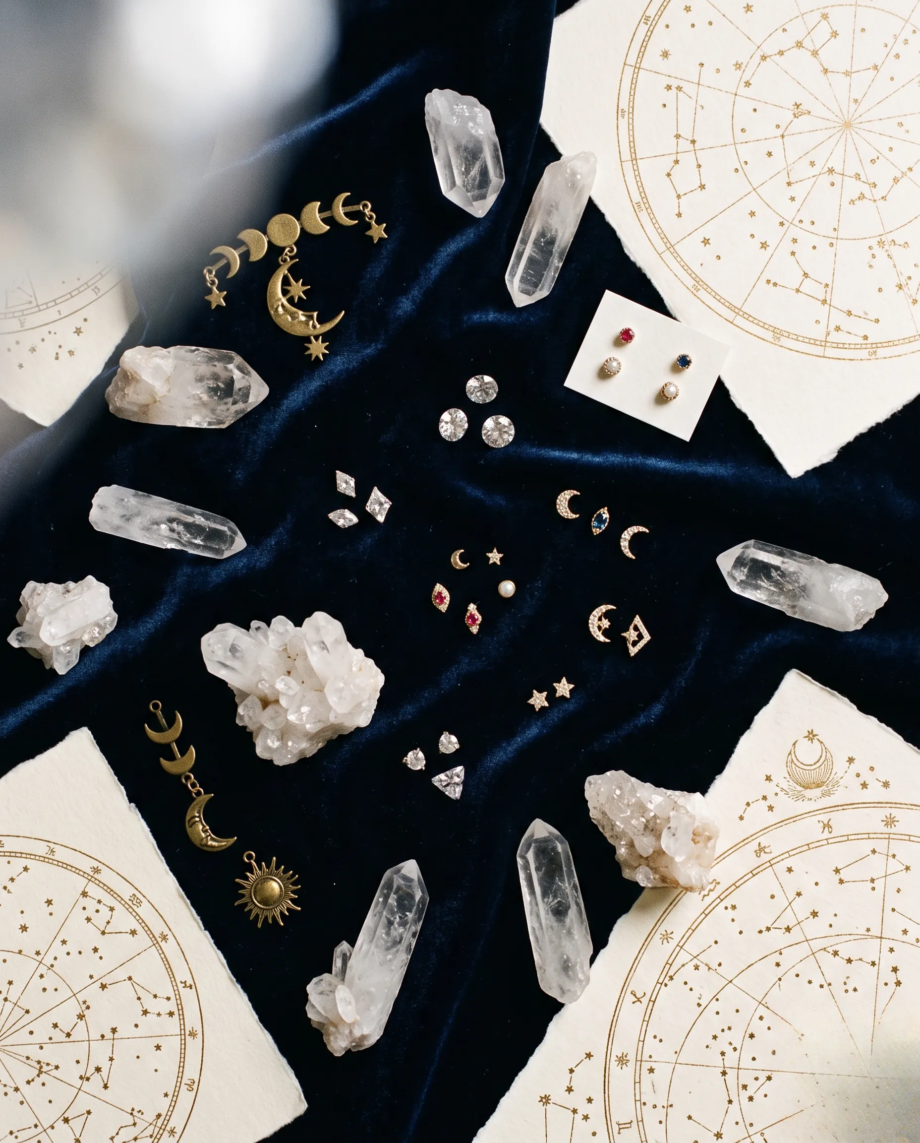 Composition à plat de strass dentaires étincelants et de cristaux sur un fond bleu nuit parsemé de touches dorées.