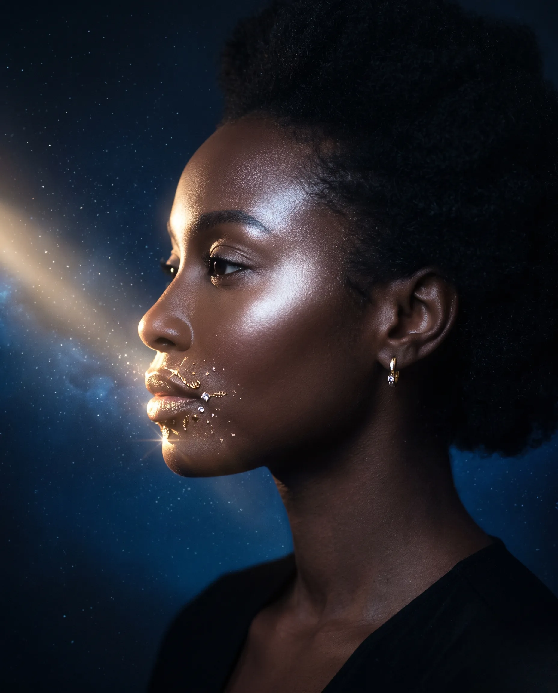 Profil artistique baigné d'une lumière céleste douce, mettant en valeur des éclats précieux et lumineux.