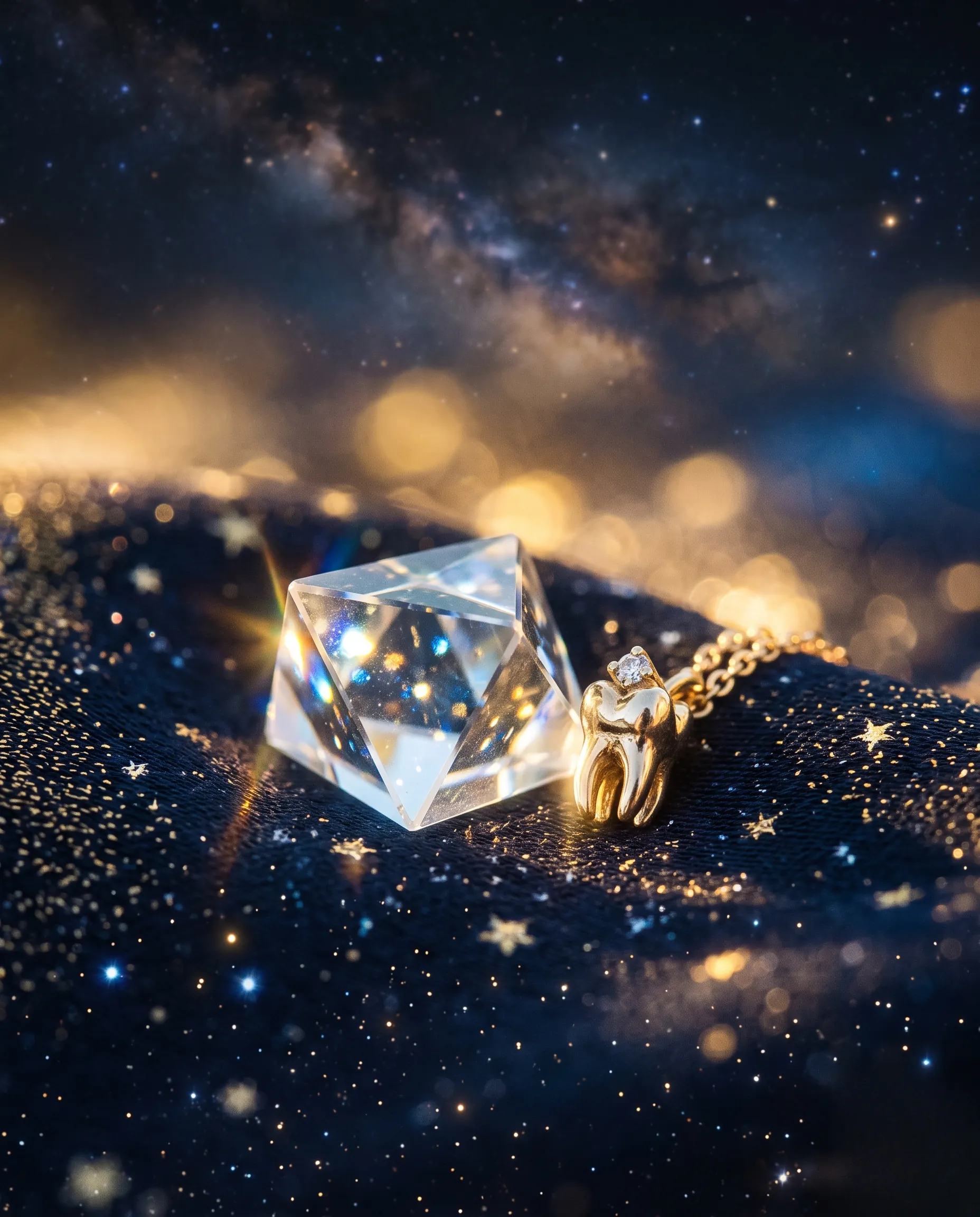 dent en diamant : Gros plan macro sur un prisme de cristal et un bijou dentaire capturant une lueur céleste dorée sur fond bleu nuit.