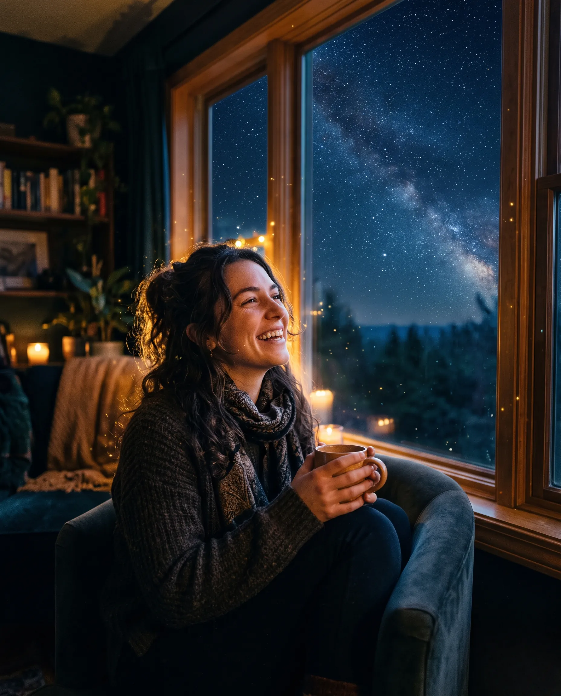 Portrait poétique d'une personne riant près d'une fenêtre ouverte sur une nuit étoilée, avec un sourire étincelant.