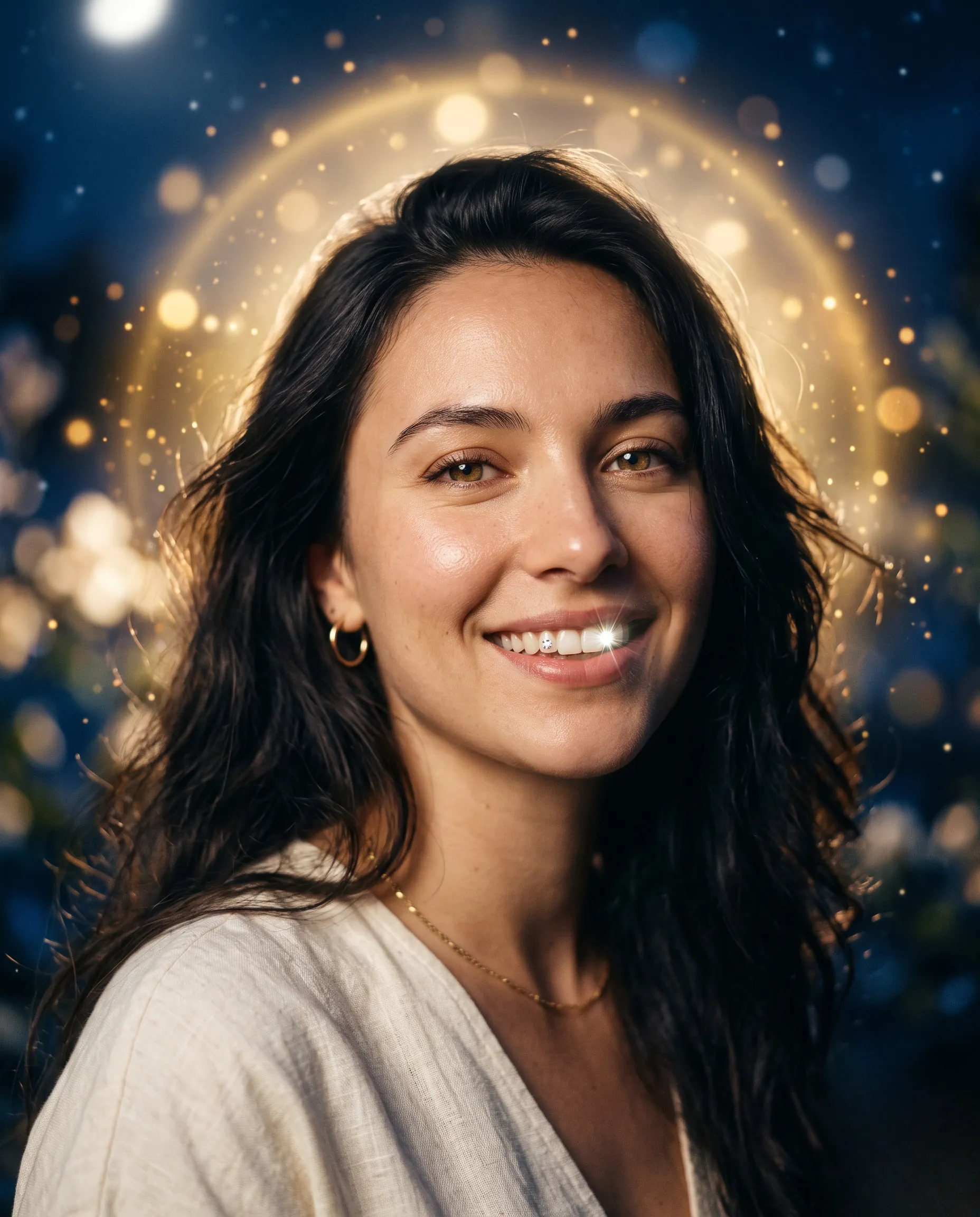 Plan rapproché d'un sourire féminin lumineux révélant un éclat de diamant sous un halo lunaire mystique.