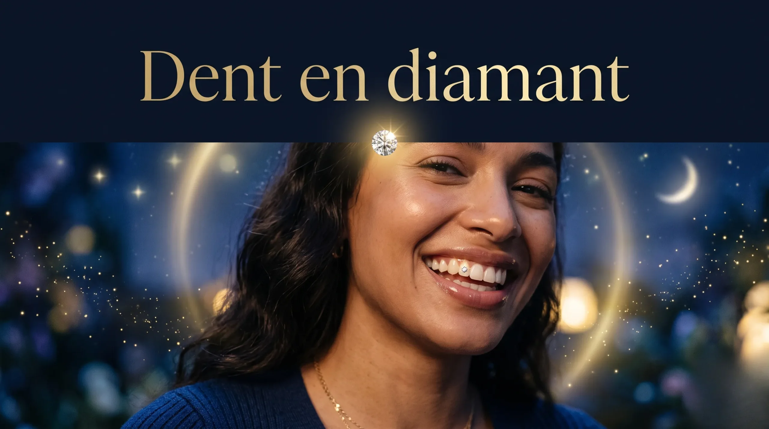 Mise en avant représentant un sourire éclatant avec une dent en diamant scintillante sous une lumière lunaire dorée, avec espace pour le titre.