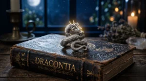 Un anneau dragon sculpté reposant près d'un grimoire sous une douce lueur lunaire