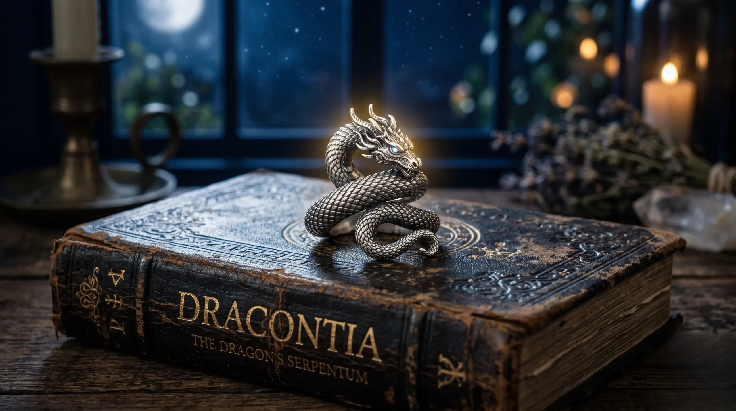 Un anneau dragon sculpté reposant près d'un grimoire sous une douce lueur lunaire