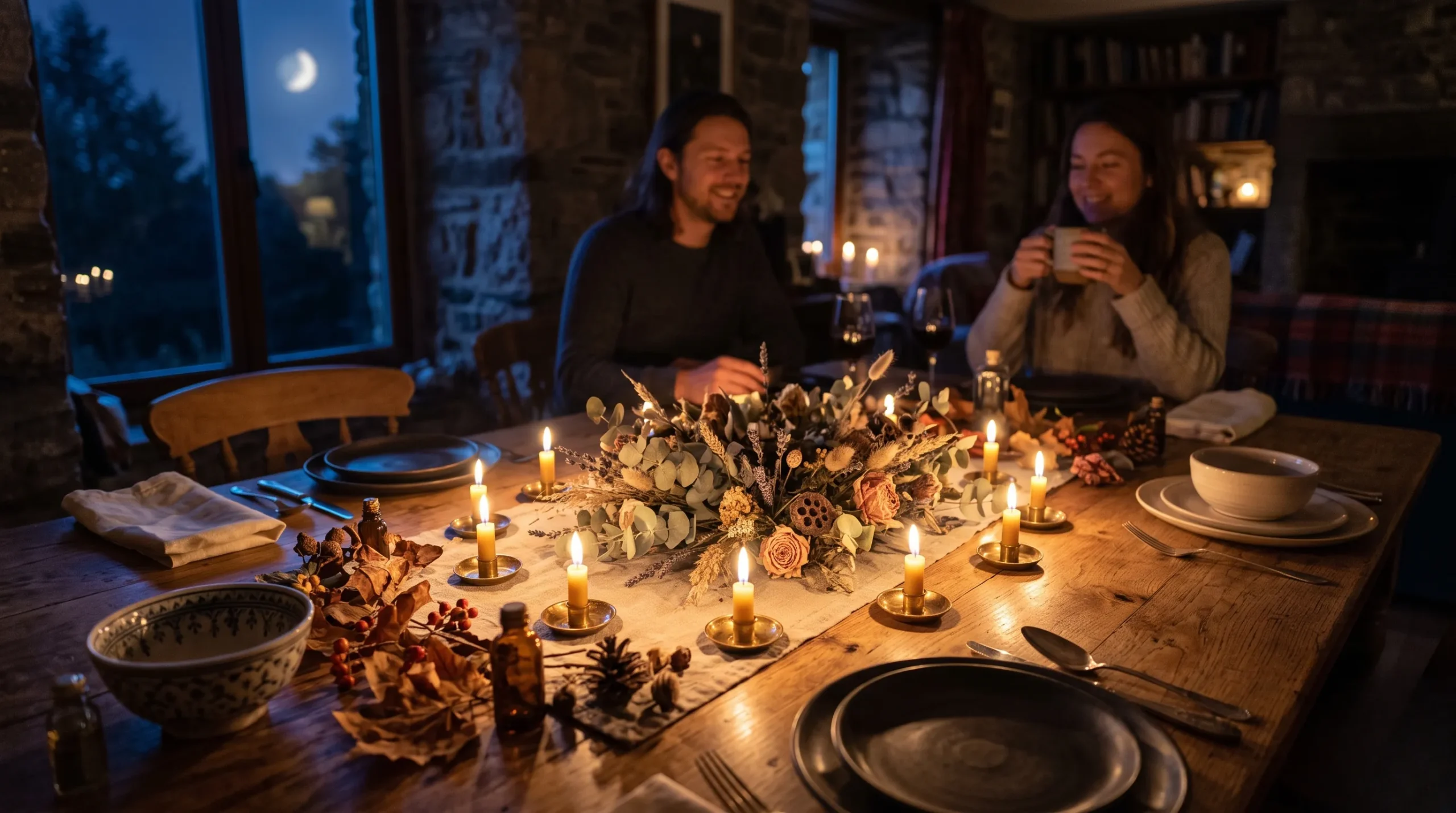 Décoration saisonnière en cercle sur une table en bois sous une lumière lunaire douce et chaleureuse.