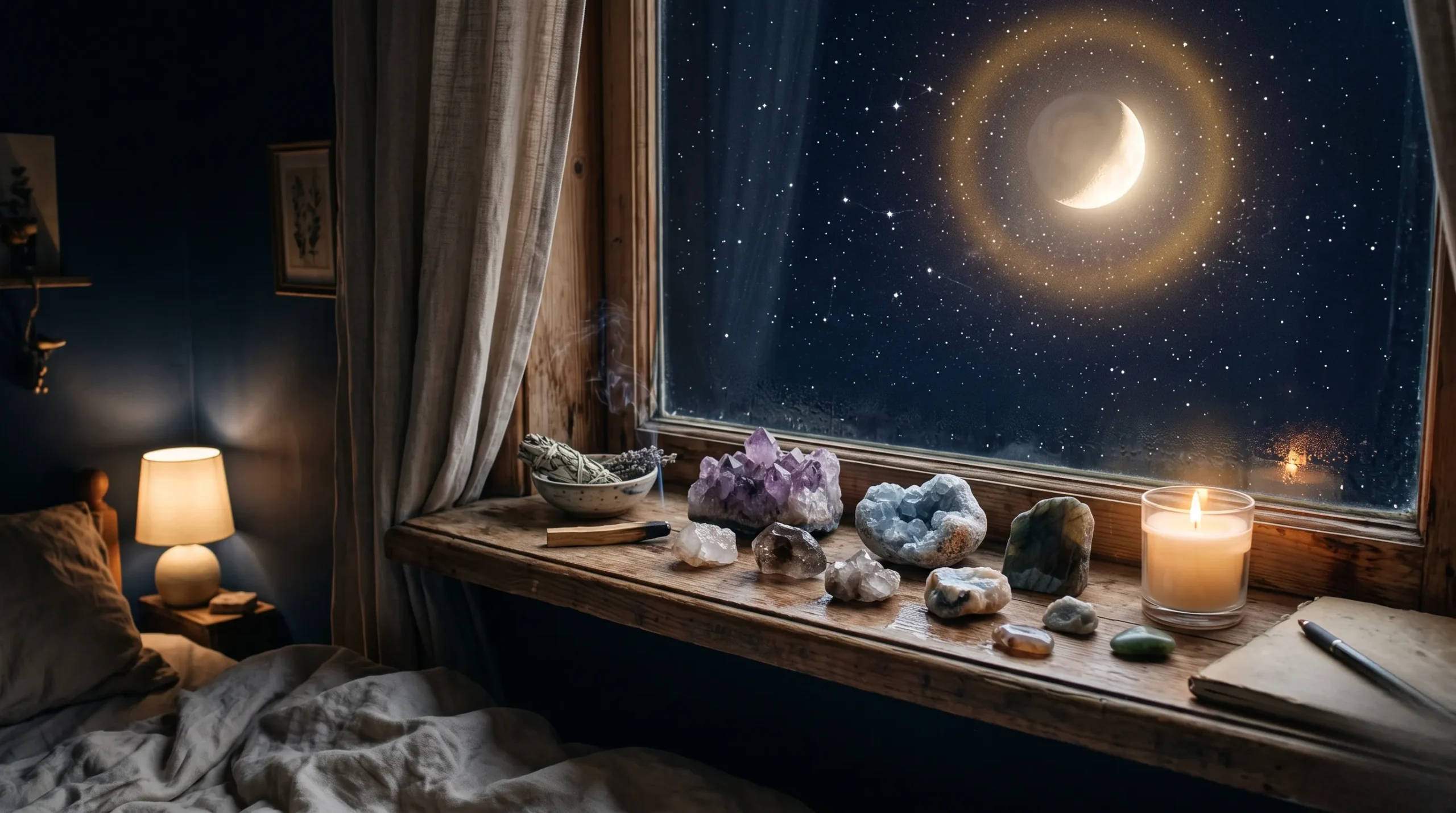 Pierres naturelles alignées sur un rebord de fenêtre baigné par la lumière bienveillante de la lune.