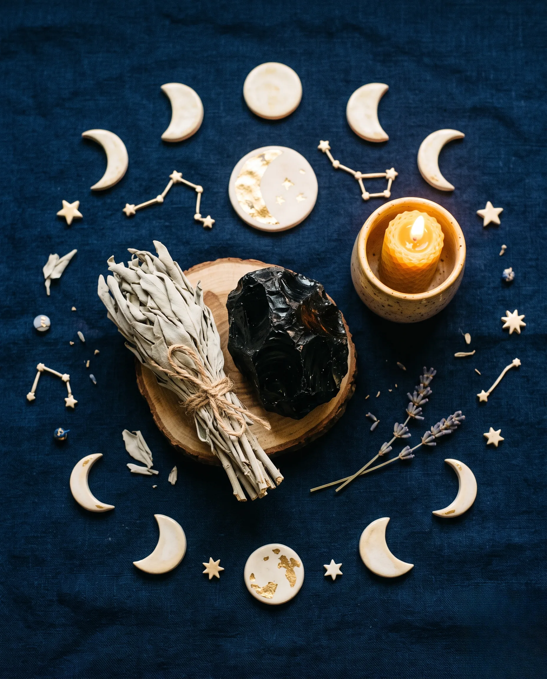 Composition à plat associant obsidienne noire, sauge blanche et bougie dorée dans une ambiance céleste.
