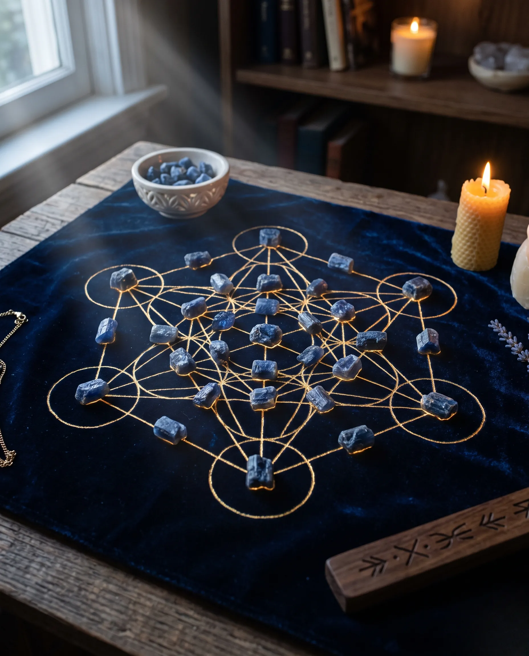 Disposition géométrique sacrée de plusieurs cristaux de saphir sur velours bleu nuit.