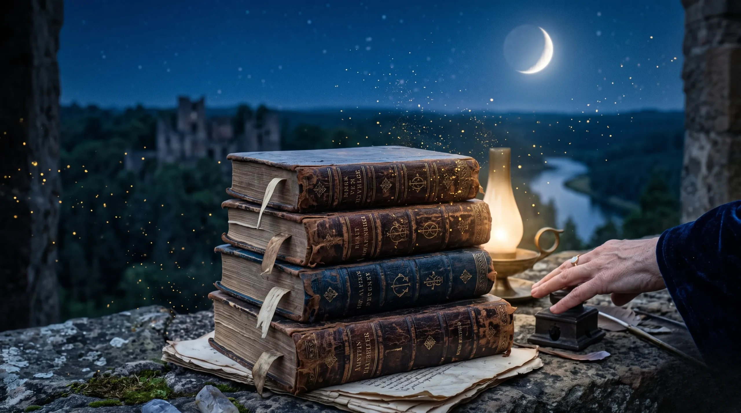 Livres anciens baignés dans une lumière lunaire pour symboliser la Grande Prêtresse. La grande pretresse tarot