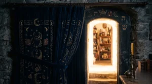 Une porte mystérieuse entrouverte illustrant les secrets de la Grande Prêtresse du tarot.