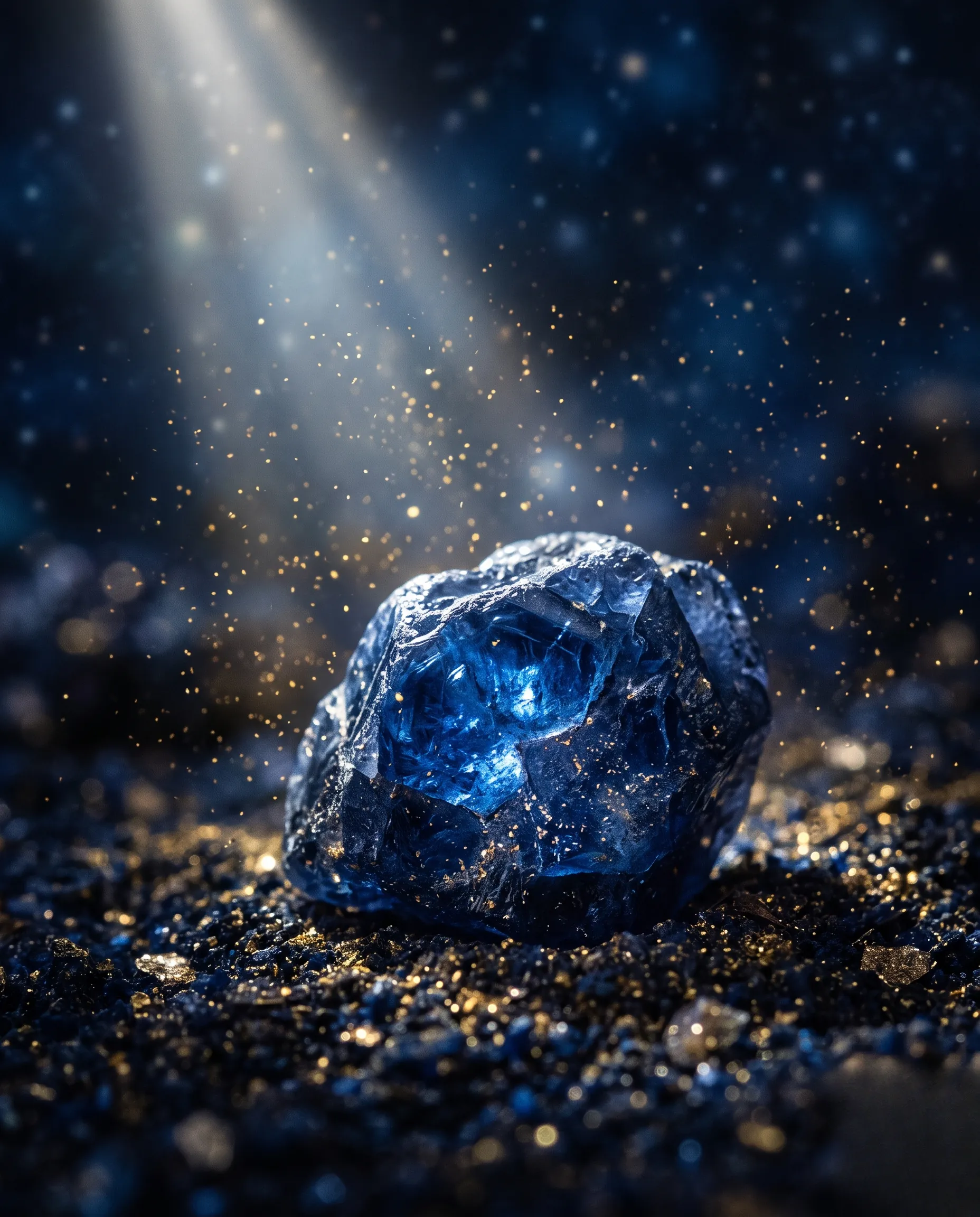Gros plan macro sur un saphir bleu profond illuminé par la lune avec des reflets dorés.