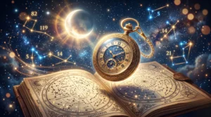 Montre ancienne dorée et cartes d'étoiles sous une douce lumière lunaire pour illustrer la signification des heures miroir.