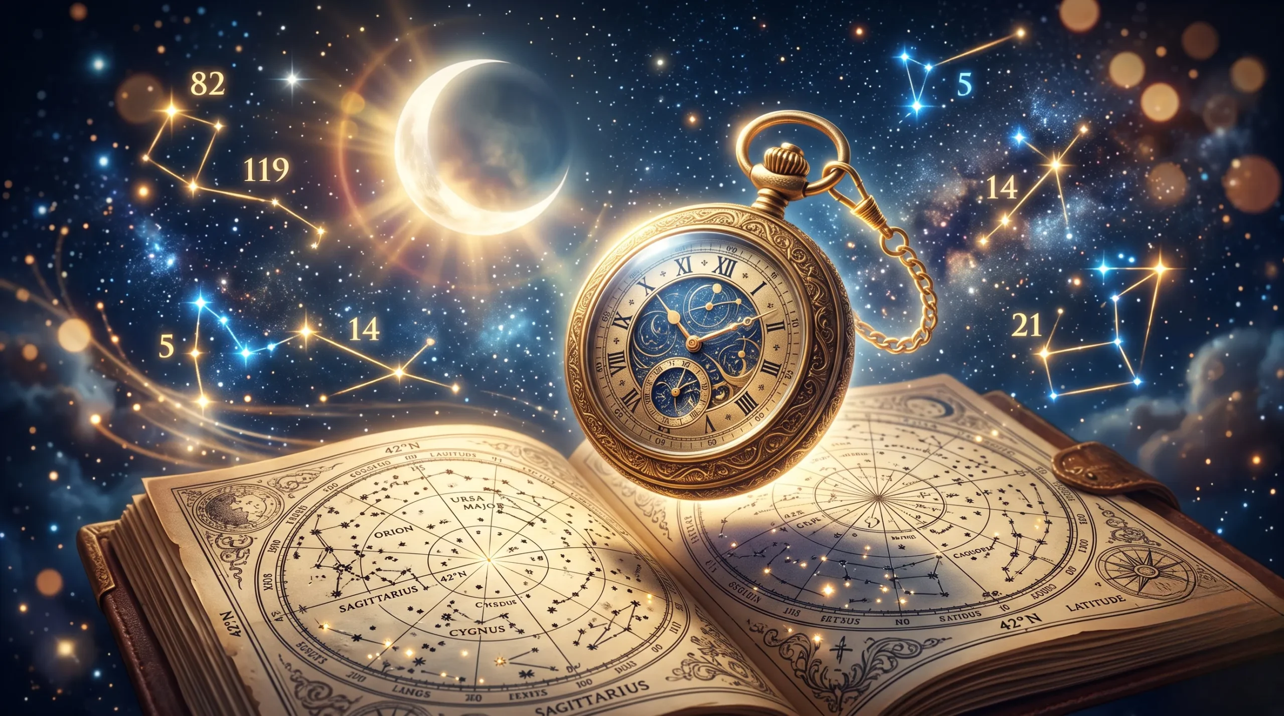 Montre ancienne dorée et cartes d'étoiles sous une douce lumière lunaire pour illustrer la signification des heures miroir.