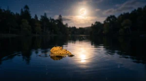 Feuille dorée sur un lac paisible symbolisant la transformation et l'hexagramme 12.