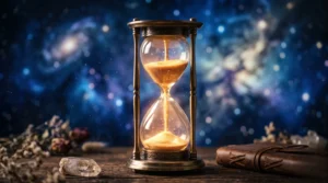 Sablier magique représentant le passage du temps et la transformation de l'hexagramme 12.