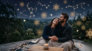 Motifs géométriques dorés dans un ciel nocturne illustrant la sagesse de l'hexagramme 54.