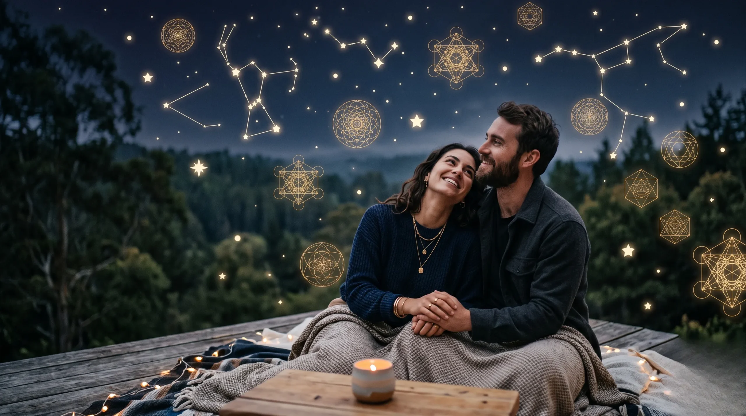 Motifs géométriques dorés dans un ciel nocturne illustrant la sagesse de l'hexagramme 54.